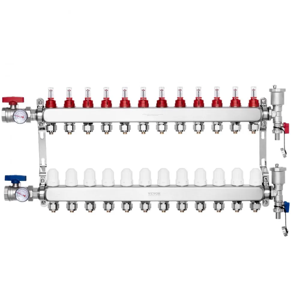 VEVOR 12-Branch Radiant Heat Manifold, 1/2" PEX Tubing Manifold, Stainless Steel PEX Manifold for Hydronic Radiant Floor Heating, Radiant Heat PEX Manifold Kit with 1/2" Adapters Included