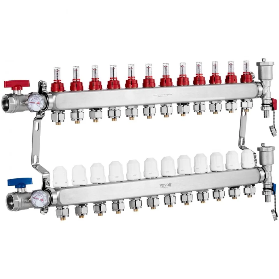 VEVOR 12-Branch Radiant Heat Manifold, 1/2" PEX Tubing Manifold, Stainless Steel PEX Manifold for Hydronic Radiant Floor Heating, Radiant Heat PEX Manifold Kit with 1/2" Adapters Included