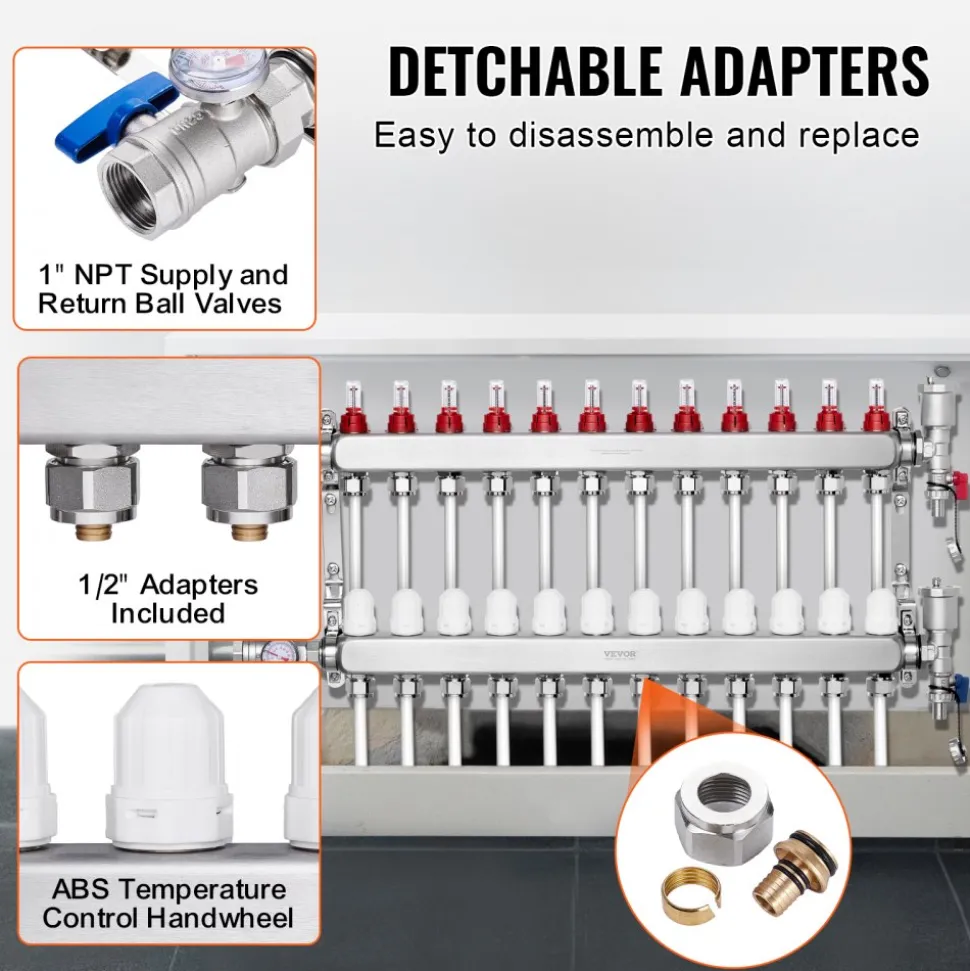 VEVOR 12-Branch Radiant Heat Manifold, 1/2" PEX Tubing Manifold, Stainless Steel PEX Manifold for Hydronic Radiant Floor Heating, Radiant Heat PEX Manifold Kit with 1/2" Adapters Included