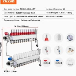VEVOR 12-Branch Radiant Heat Manifold, 1/2