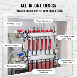 VEVOR 6-Branch Radiant Heat Manifold, 1/2" PEX Tubing Manifold, Stainless Steel PEX Manifold for Hydronic Radiant Floor Heating, Radiant Heat PEX Manifold Kit with 1/2" Adapters Included