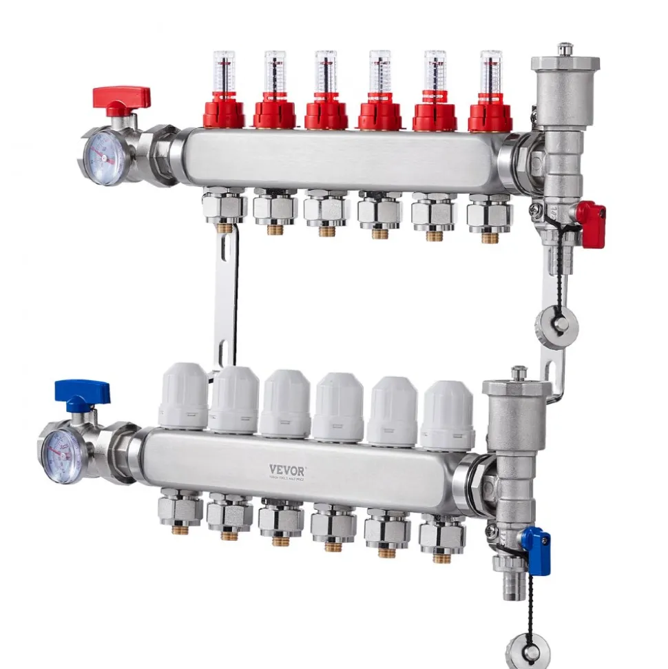 VEVOR 6-Branch Radiant Heat Manifold, 1/2" PEX Tubing Manifold, Stainless Steel PEX Manifold for Hydronic Radiant Floor Heating, Radiant Heat PEX Manifold Kit with 1/2" Adapters Included