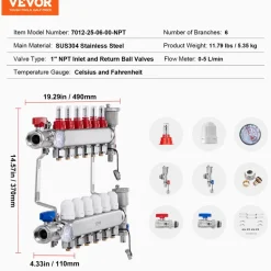VEVOR 6-Branch Radiant Heat Manifold, 1/2