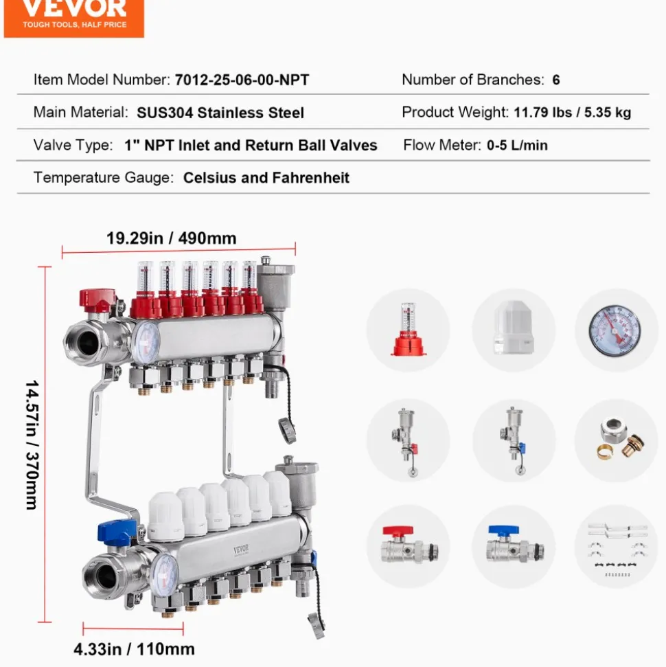 VEVOR 6-Branch Radiant Heat Manifold, 1/2" PEX Tubing Manifold, Stainless Steel PEX Manifold for Hydronic Radiant Floor Heating, Radiant Heat PEX Manifold Kit with 1/2" Adapters Included