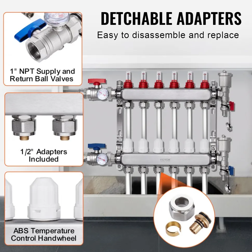 VEVOR 6-Branch Radiant Heat Manifold, 1/2" PEX Tubing Manifold, Stainless Steel PEX Manifold for Hydronic Radiant Floor Heating, Radiant Heat PEX Manifold Kit with 1/2" Adapters Included