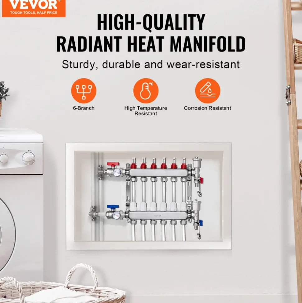 VEVOR 6-Branch Radiant Heat Manifold, 1/2" PEX Tubing Manifold, Stainless Steel PEX Manifold for Hydronic Radiant Floor Heating, Radiant Heat PEX Manifold Kit with 1/2" Adapters Included