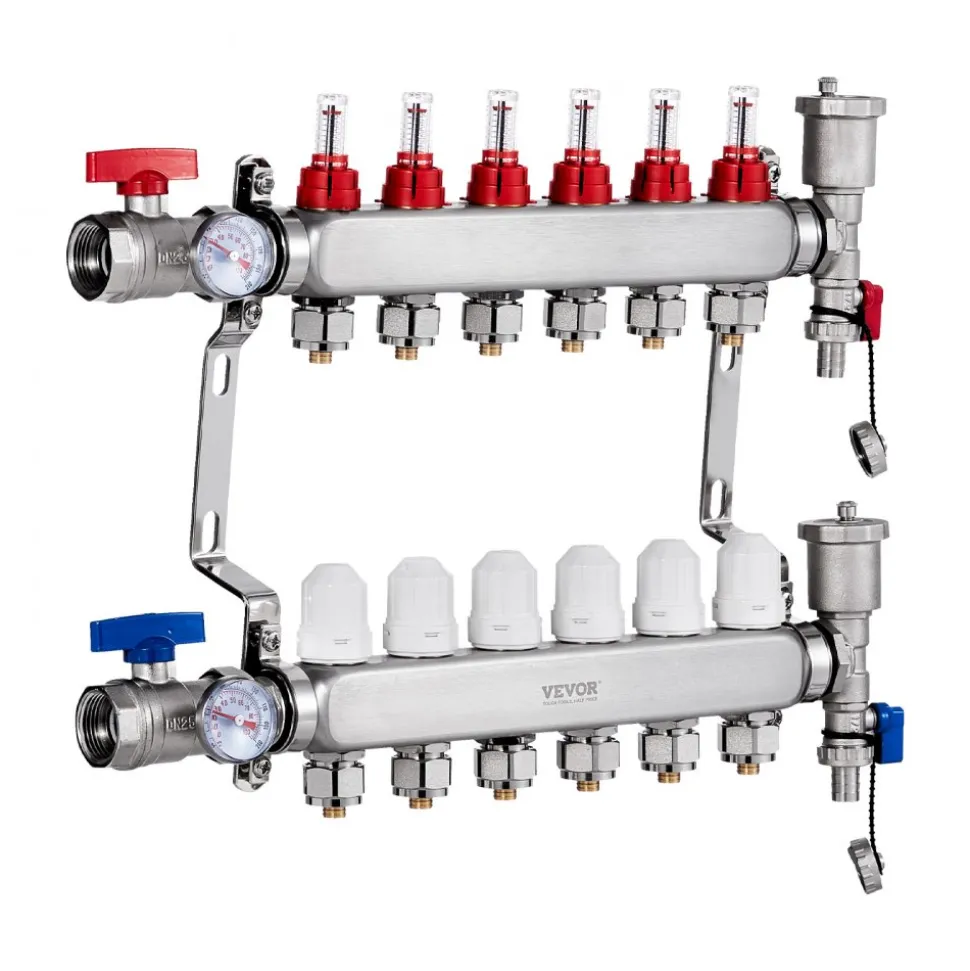 VEVOR 6-Branch Radiant Heat Manifold, 1/2" PEX Tubing Manifold, Stainless Steel PEX Manifold for Hydronic Radiant Floor Heating, Radiant Heat PEX Manifold Kit with 1/2" Adapters Included