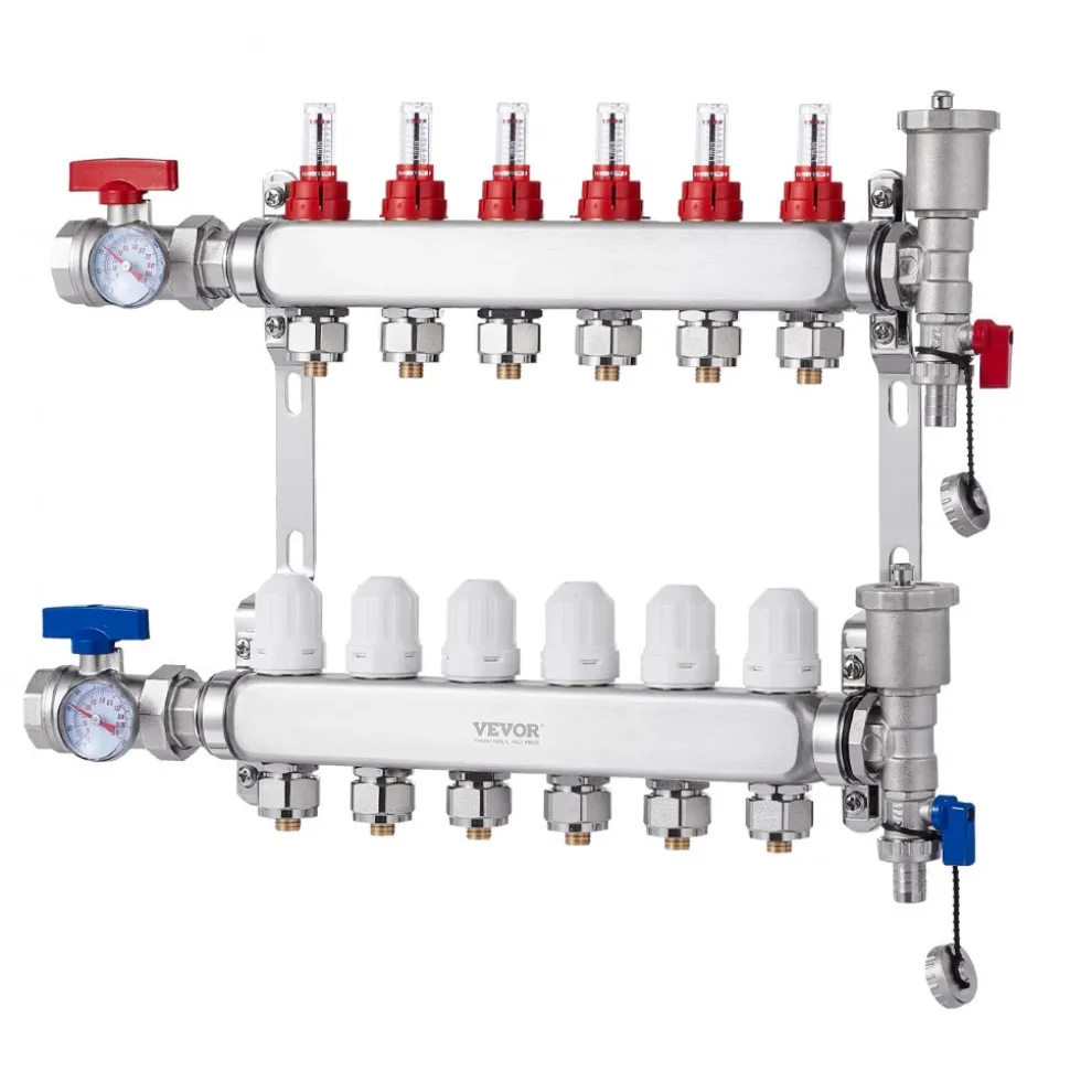 VEVOR 6-Branch Radiant Heat Manifold, 1/2" PEX Tubing Manifold, Stainless Steel PEX Manifold for Hydronic Radiant Floor Heating, Radiant Heat PEX Manifold Kit with 1/2" Adapters Included