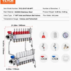 VEVOR 7-Branch Radiant Heat Manifold, 1/2" PEX Tubing Manifold, Stainless Steel PEX Manifold for Hydronic Radiant Floor Heating, Radiant Heat PEX Manifold Kit with 1/2" Adapters Included