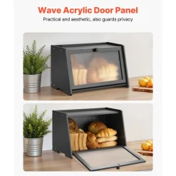VEVOR Bread Box for Kitchen Counter, Large Capacity Bamboo Bread Storage Container, Farmhouse Wooden Breadbox Organizer for Homemade Bread, Storage Holder Bin with Acrylic Wavy Door Panel, Black