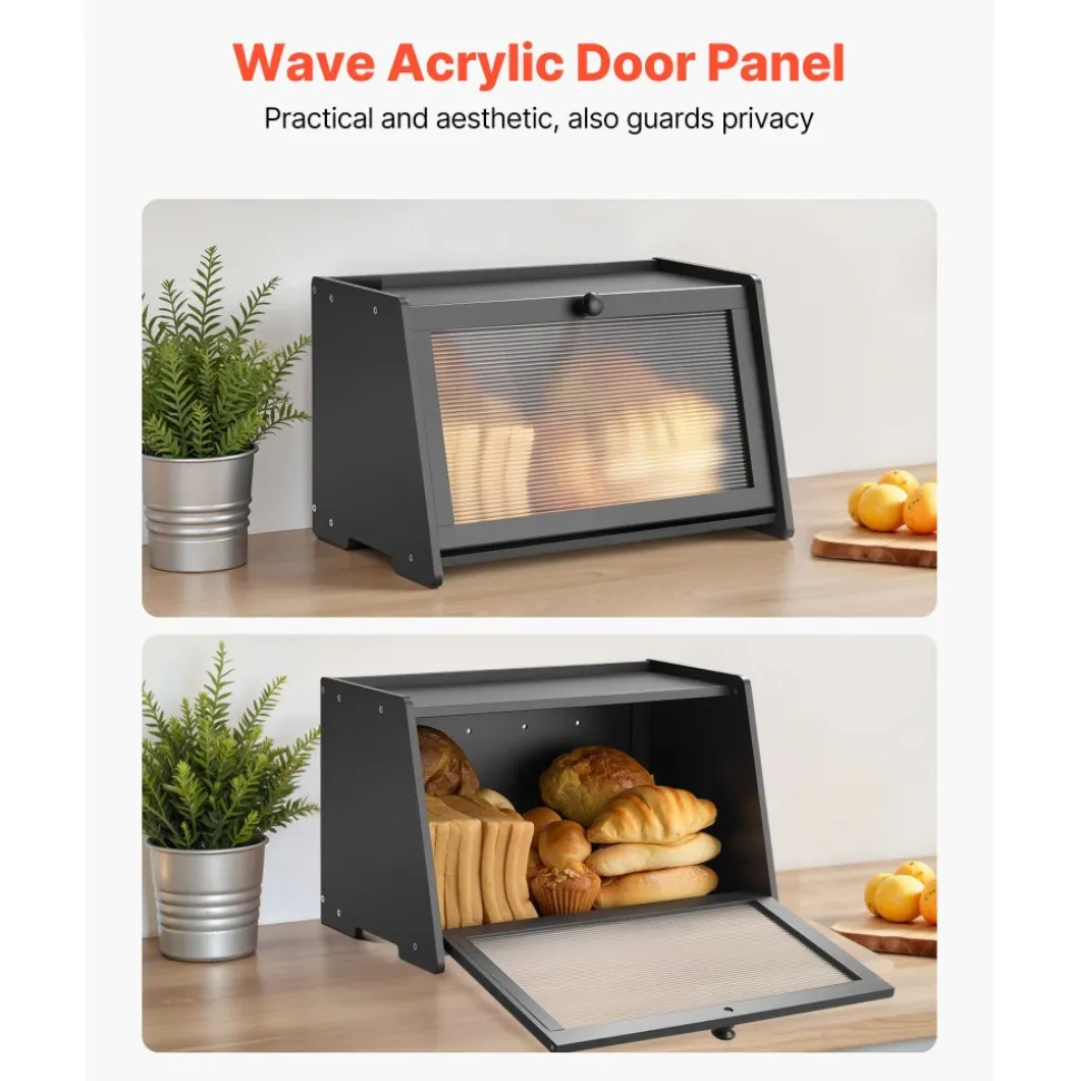 VEVOR Bread Box for Kitchen Counter, Large Capacity Bamboo Bread Storage Container, Farmhouse Wooden Breadbox Organizer for Homemade Bread, Storage Holder Bin with Acrylic Wavy Door Panel, Black