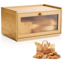 VEVOR Bread Box for Kitchen Counter, Large Capacity Bamboo Bread Storage Container, Farmhouse Wooden Breadbox Organizer for Homemade Bread, Storage Holder Bin with Acrylic Wavy Door Panel, Natural