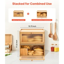 VEVOR Bread Box for Kitchen Counter, Large Capacity Bamboo Bread Storage Container, Farmhouse Wooden Breadbox Organizer for Homemade Bread, Storage Holder Bin with Acrylic Wavy Door Panel, Natural