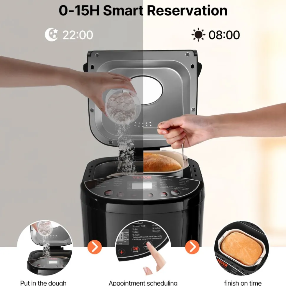 VEVOR Bread Maker, 19-in-1 2LB Dough Machine, Nonstick Ceramic Pan Automatic Breadmaker with Gluten Free Setting, Whole Wheat Bread Making, Digital, Programmable, 3 Loaf Sizes, 3 Crust Colors