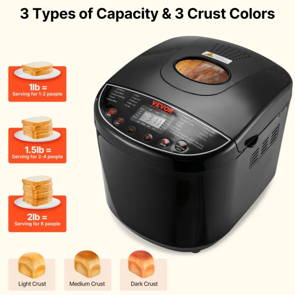 VEVOR Bread Maker, 19-in-1 2LB Dough Machine, Nonstick Ceramic Pan Automatic Breadmaker with Gluten Free Setting, Whole Wheat Bread Making, Digital, Programmable, 3 Loaf Sizes, 3 Crust Colors
