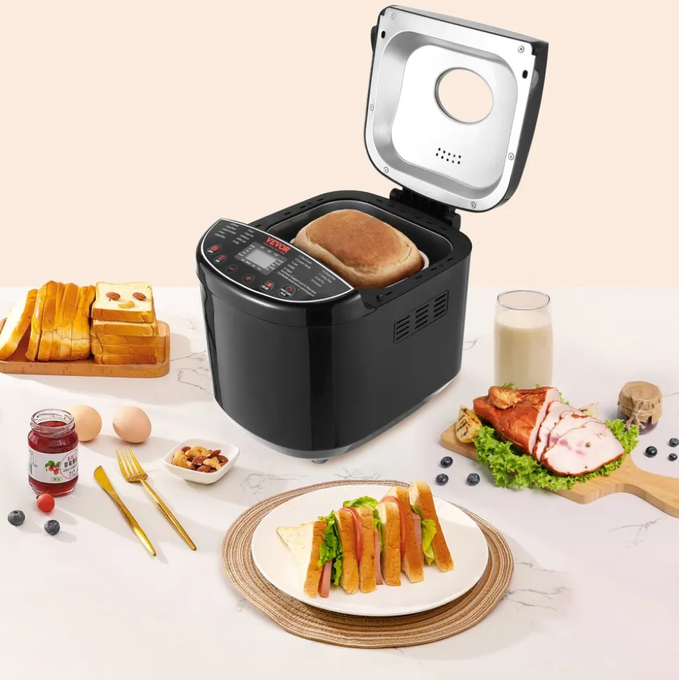 VEVOR Bread Maker, 19-in-1 2LB Dough Machine, Nonstick Ceramic Pan Automatic Breadmaker with Gluten Free Setting, Whole Wheat Bread Making, Digital, Programmable, 3 Loaf Sizes, 3 Crust Colors