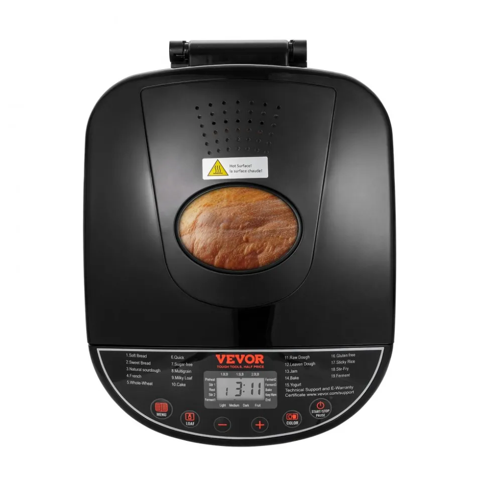 VEVOR Bread Maker, 19-in-1 2LB Dough Machine, Nonstick Ceramic Pan Automatic Breadmaker with Gluten Free Setting, Whole Wheat Bread Making, Digital, Programmable, 3 Loaf Sizes, 3 Crust Colors