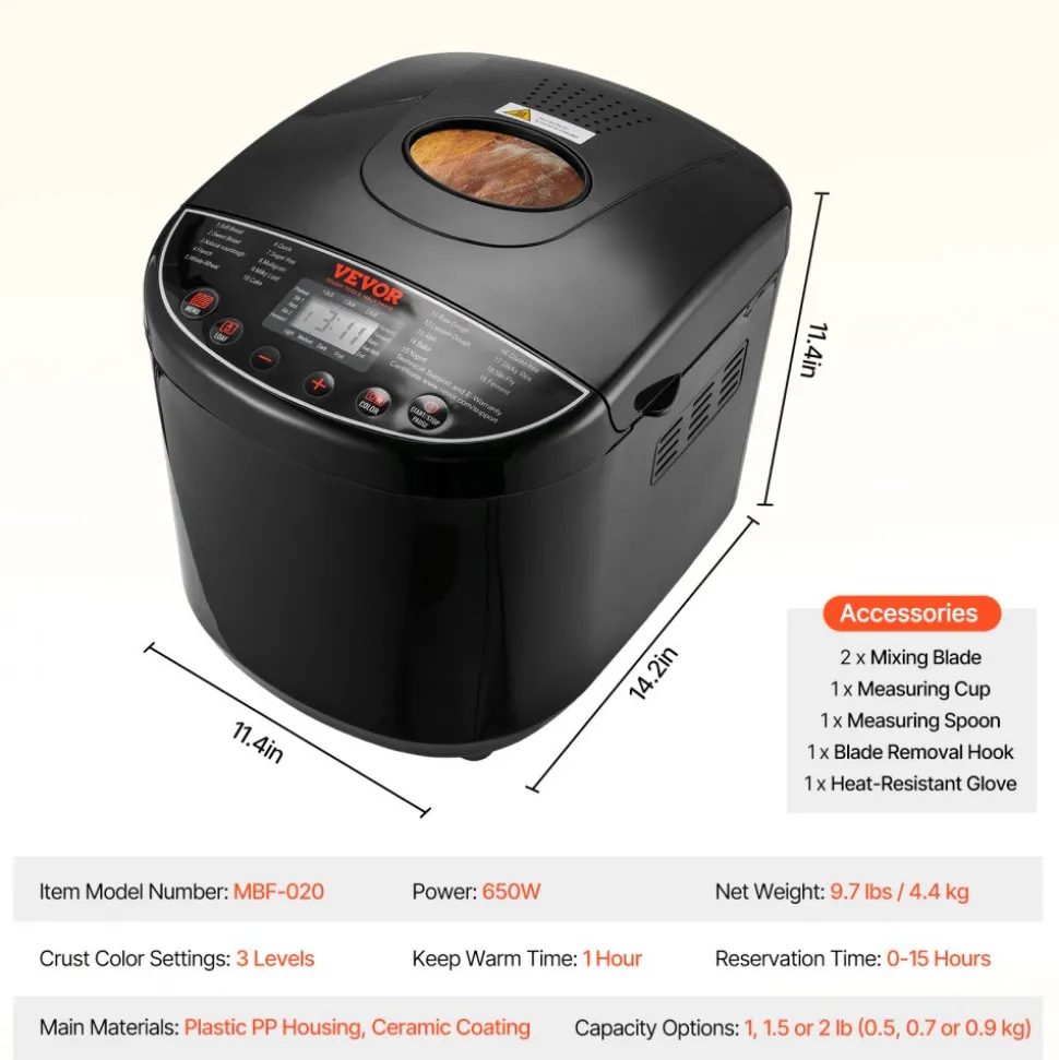 VEVOR Bread Maker, 19-in-1 2LB Dough Machine, Nonstick Ceramic Pan Automatic Breadmaker with Gluten Free Setting, Whole Wheat Bread Making, Digital, Programmable, 3 Loaf Sizes, 3 Crust Colors