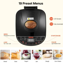 VEVOR Bread Maker, 19-in-1 2LB Dough Machine, Nonstick Ceramic Pan Automatic Breadmaker with Gluten Free Setting, Whole Wheat Bread Making, Digital, Programmable, 3 Loaf Sizes, 3 Crust Colors