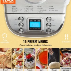 VEVOR Bread Maker, 15-in-1 3LB Dough Machine, Nonstick Ceramic Pan Automatic Breadmaker with Gluten Free Setting, Whole Wheat Bread Making, Digital, Programmable, 3 Loaf Sizes, 3 Crust Colors, White