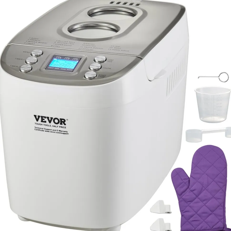VEVOR Bread Maker, 15-in-1 3LB Dough Machine, Nonstick Ceramic Pan Automatic Breadmaker with Gluten Free Setting, Whole Wheat Bread Making, Digital, Programmable, 3 Loaf Sizes, 3 Crust Colors, White