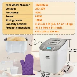 VEVOR Bread Maker, 15-in-1 3LB Dough Machine, Nonstick Ceramic Pan Automatic Breadmaker with Gluten Free Setting, Whole Wheat Bread Making, Digital, Programmable, 3 Loaf Sizes, 3 Crust Colors, White