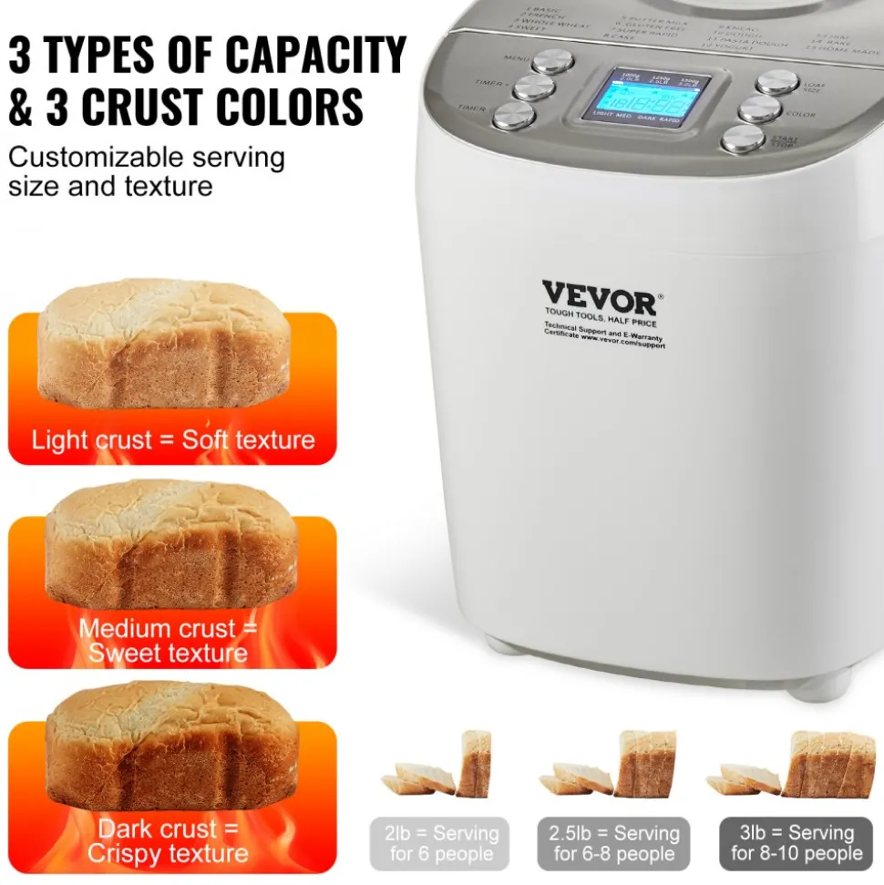 VEVOR Bread Maker, 15-in-1 3LB Dough Machine, Nonstick Ceramic Pan Automatic Breadmaker with Gluten Free Setting, Whole Wheat Bread Making, Digital, Programmable, 3 Loaf Sizes, 3 Crust Colors, White