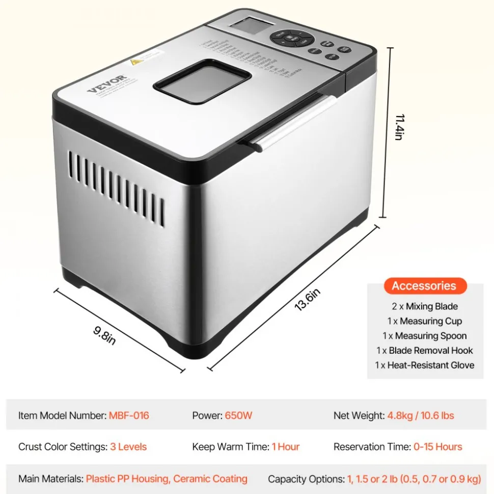 VEVOR Bread Maker, 19-in-1 2LB Dough Machine, Nonstick Ceramic Pan Automatic Breadmaker with Gluten Free Setting, Whole Wheat Bread Making, Digital, Programmable, 3 Loaf Sizes, 3 Crust Colors