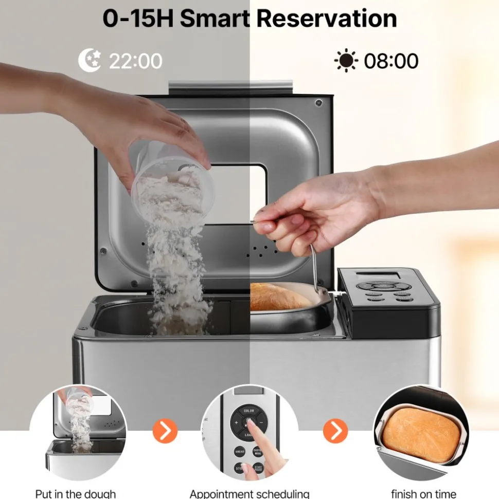 VEVOR Bread Maker, 19-in-1 2LB Dough Machine, Nonstick Ceramic Pan Automatic Breadmaker with Gluten Free Setting, Whole Wheat Bread Making, Digital, Programmable, 3 Loaf Sizes, 3 Crust Colors