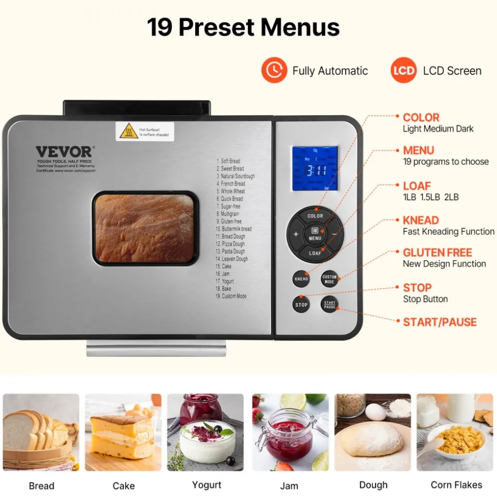 VEVOR Bread Maker, 19-in-1 2LB Dough Machine, Nonstick Ceramic Pan Automatic Breadmaker with Gluten Free Setting, Whole Wheat Bread Making, Digital, Programmable, 3 Loaf Sizes, 3 Crust Colors