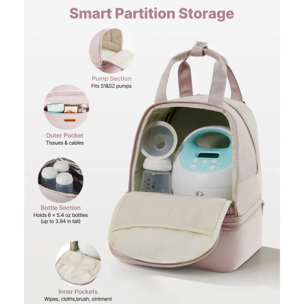 VEVOR Breast Pump Backpack, Breast Feeding Bag with Ice Pack, Fits for S1/S2, Pumping Accessories & Breastmilk Storage, Portable Pump Carrying Case for Work, Travel and Family Use, Light Pink