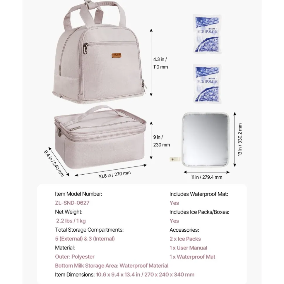 VEVOR Breast Pump Backpack, Breast Feeding Bag with Ice Pack, Fits for S1/S2, Pumping Accessories & Breastmilk Storage, Portable Pump Carrying Case for Work, Travel and Family Use, Light Pink