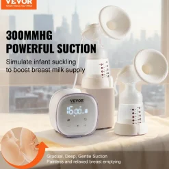 VEVOR Breast Pump, Double Electric Breast Pumps, 4 Modes & 16 Levels, 300mmHg Strong Suction, 2800mAH Rechargeable Anti-Backflow Breastfeeding Pump with LED Display, 18/21mm Inserts, 24/28mm Flanges