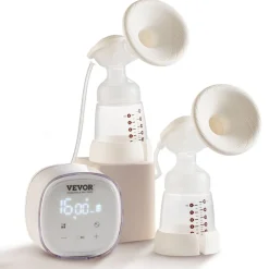 VEVOR Breast Pump, Double Electric Breast Pumps, 4 Modes & 16 Levels, 300mmHg Strong Suction, 2800mAH Rechargeable Anti-Backflow Breastfeeding Pump with LED Display, 18/21mm Inserts, 24/28mm Flanges