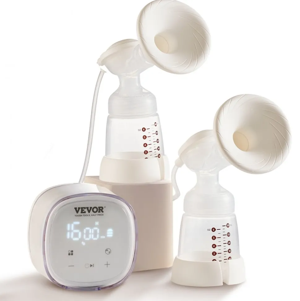 VEVOR Breast Pump, Double Electric Breast Pumps, 4 Modes & 16 Levels, 300mmHg Strong Suction, 2800mAH Rechargeable Anti-Backflow Breastfeeding Pump with LED Display, 18/21mm Inserts, 24/28mm Flanges
