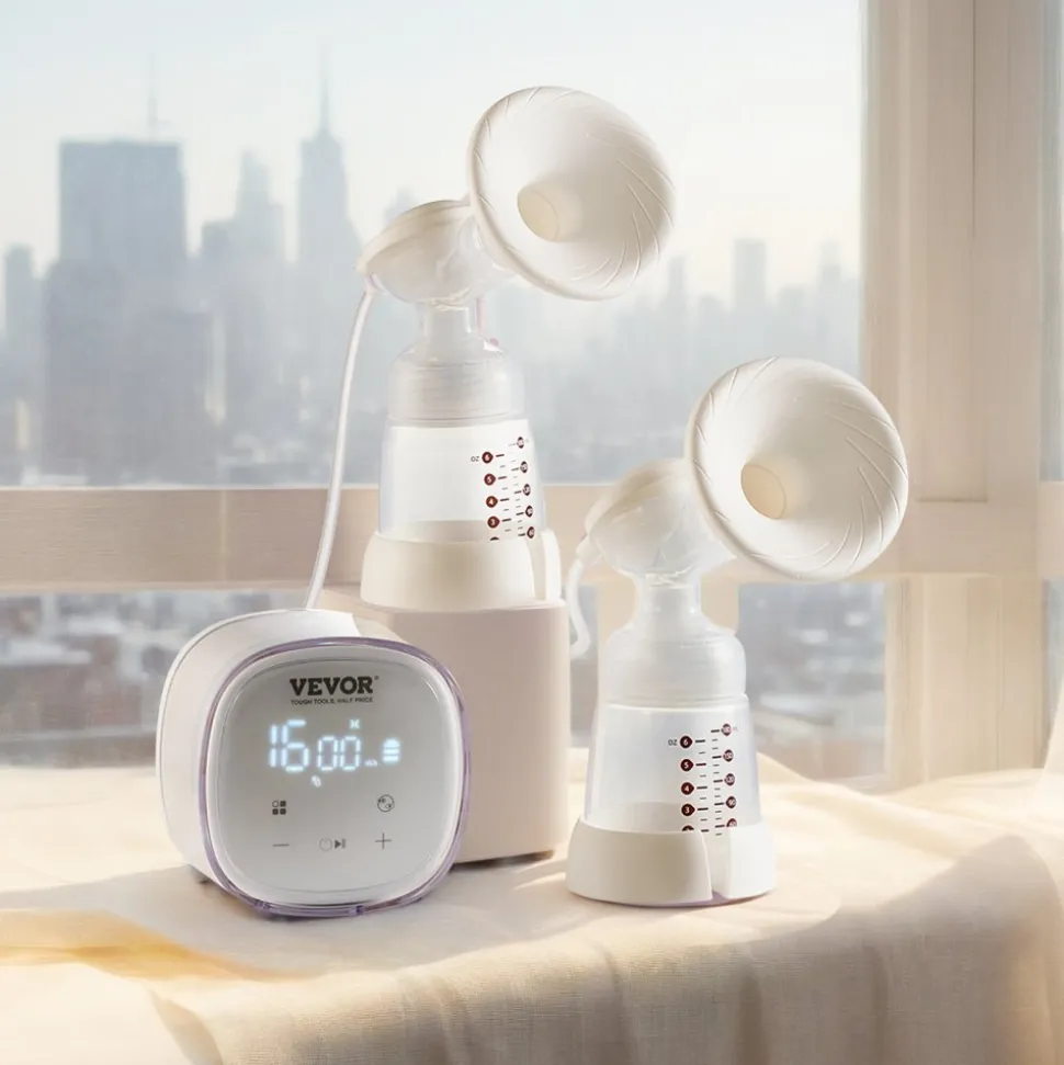VEVOR Breast Pump, Double Electric Breast Pumps, 4 Modes & 16 Levels, 300mmHg Strong Suction, 2800mAH Rechargeable Anti-Backflow Breastfeeding Pump with LED Display, 18/21mm Inserts, 24/28mm Flanges