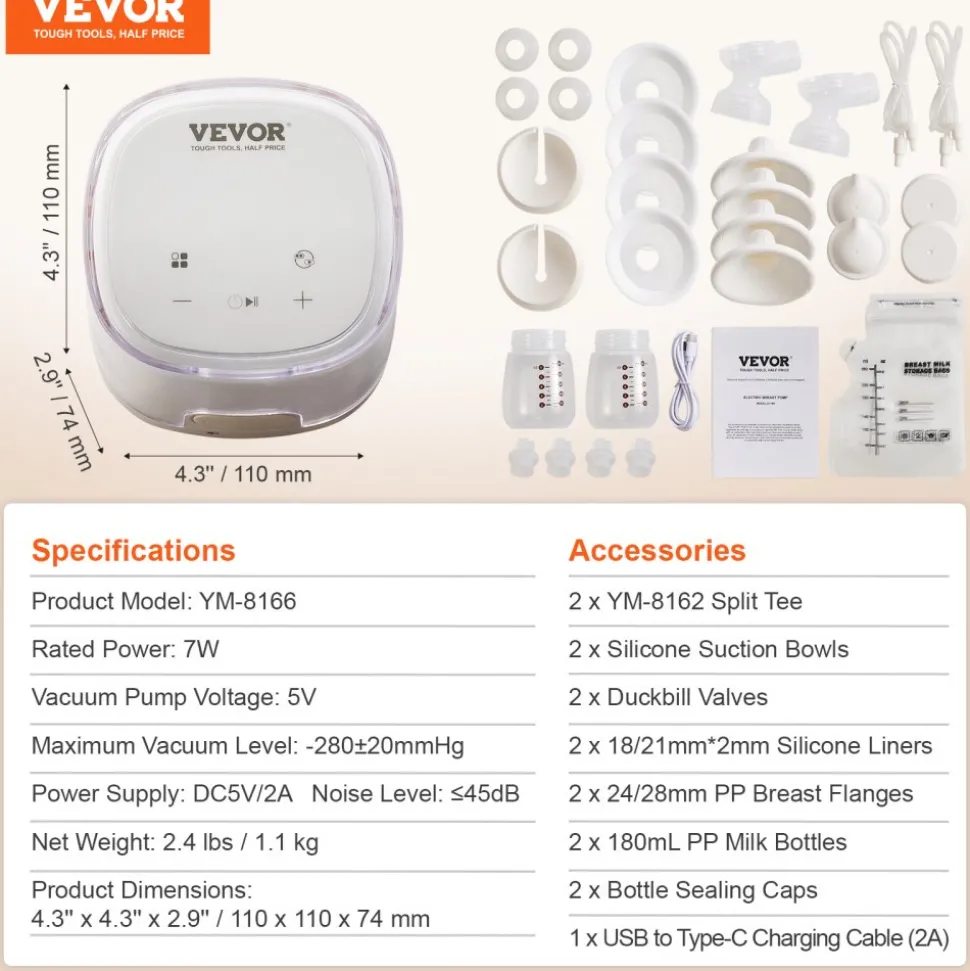 VEVOR Breast Pump, Double Electric Breast Pumps, 4 Modes & 16 Levels, 300mmHg Strong Suction, 2800mAH Rechargeable Anti-Backflow Breastfeeding Pump with LED Display, 18/21mm Inserts, 24/28mm Flanges