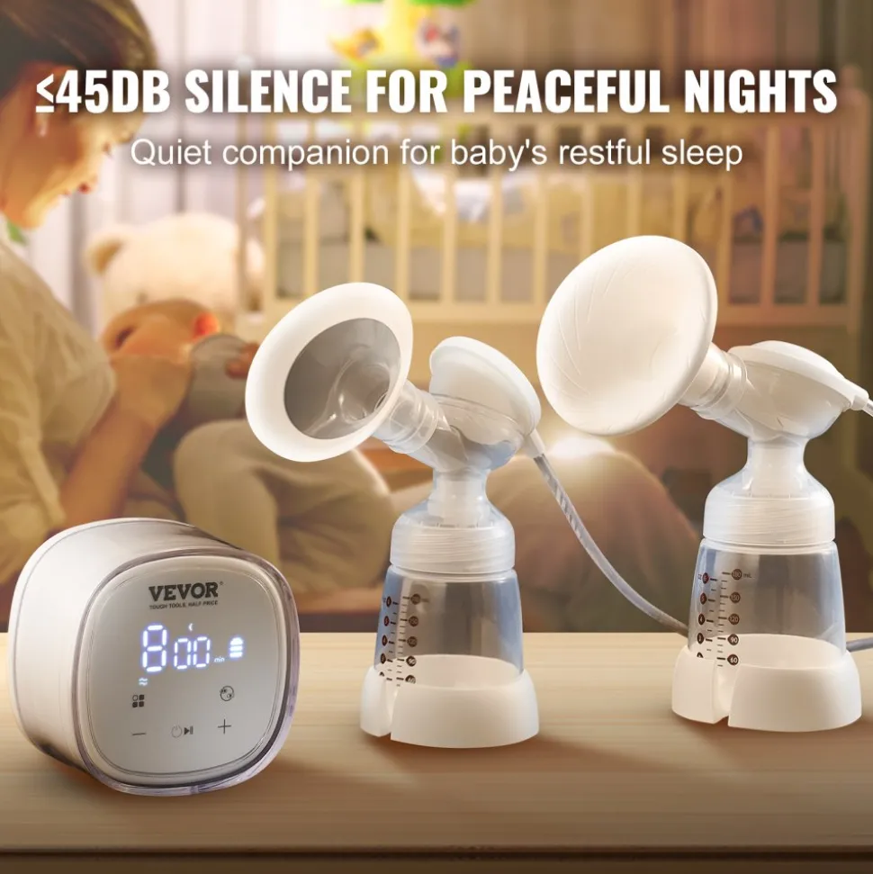 VEVOR Breast Pump, Double Electric Breast Pumps, 4 Modes & 16 Levels, 300mmHg Strong Suction, 2800mAH Rechargeable Anti-Backflow Breastfeeding Pump with LED Display, 18/21mm Inserts, 24/28mm Flanges