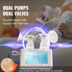 VEVOR Breast Pump, Single/Double Adjustable Electric Breast Pumps, 4 Modes & 9/15 Levels, Reciprocating Piston Pumps, 4000mAH Anti-Backflow Breastfeeding Pump with 300mmHg High Suction, 18/22mm Flange