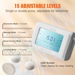 VEVOR Breast Pump, Single/Double Adjustable Electric Breast Pumps, 4 Modes & 9/15 Levels, Reciprocating Piston Pumps, 4000mAH Anti-Backflow Breastfeeding Pump with 300mmHg High Suction, 18/22mm Flange