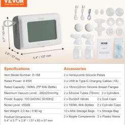 VEVOR Breast Pump, Single/Double Adjustable Electric Breast Pumps, 4 Modes & 9/15 Levels, Reciprocating Piston Pumps, 4000mAH Anti-Backflow Breastfeeding Pump with 300mmHg High Suction, 18/22mm Flange