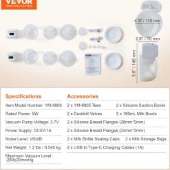 VEVOR Breast Pump, Wearable Electric Breast Pumps Hands Free, 4 Mode & 12 Levels, 300mmHg Strong Suction, Ultra-Quiet Rechargeable Portable Breastfeeding Pump with LED Display, 24mm Insert/28mm Flange