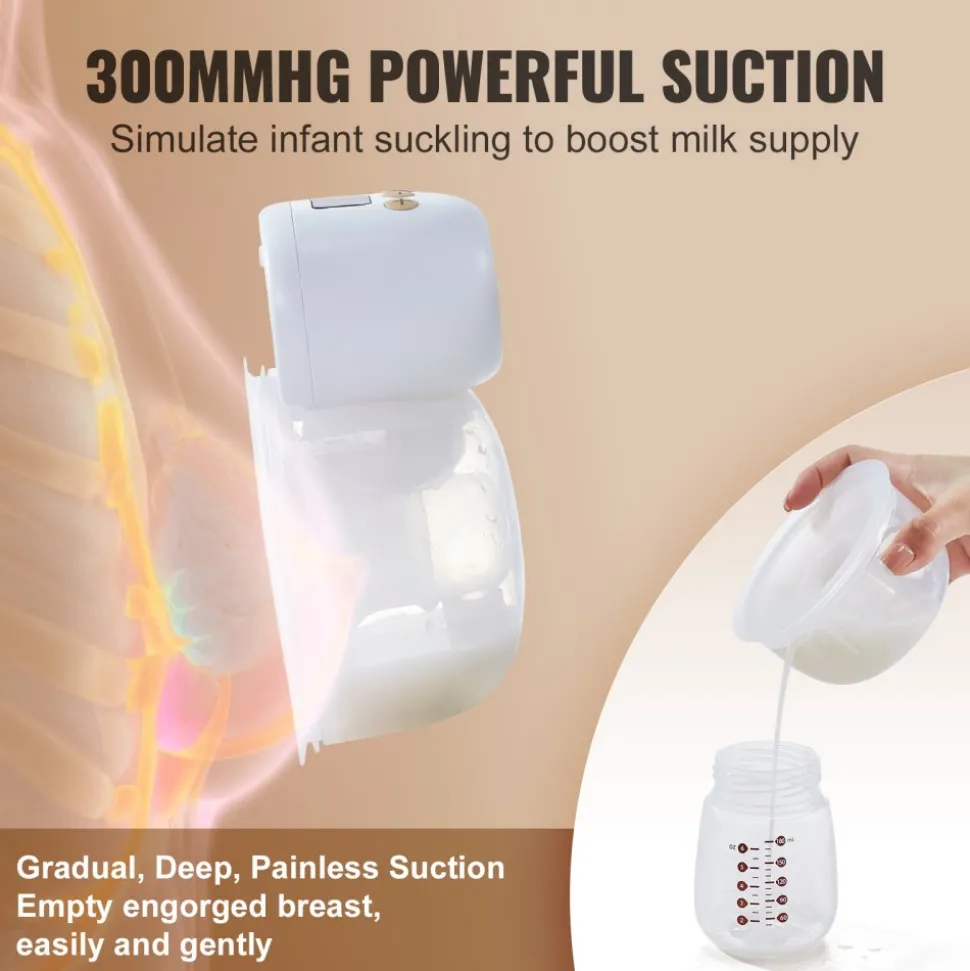 VEVOR Breast Pump, Wearable Electric Breast Pumps Hands Free, 4 Mode & 12 Levels, 300mmHg Strong Suction, Ultra-Quiet Rechargeable Portable Breastfeeding Pump with LED Display, 24mm Insert/28mm Flange