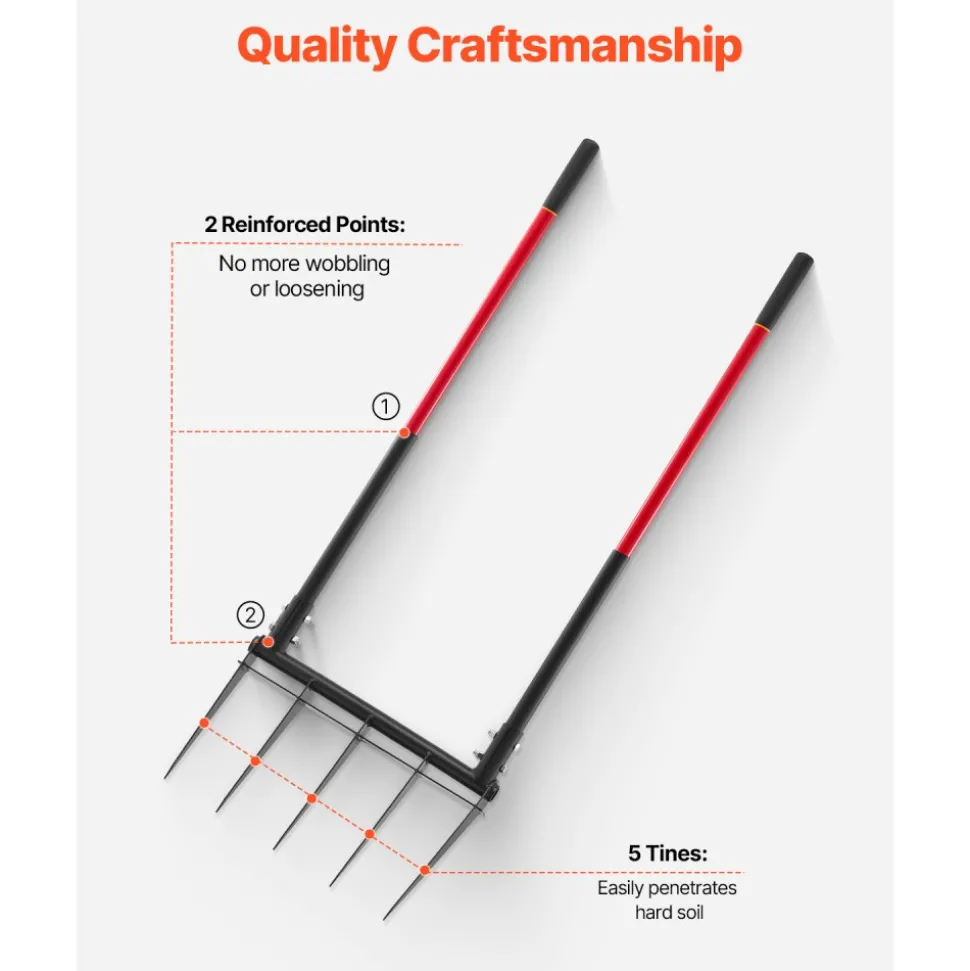 VEVOR Broad Fork, 5-Tine Pitchfork with Dual Fiberglass Handles, Heavy Duty Garden Fork , Ergonomic U-Shaped Design Broadfork Hand Tiller, Gardening Tool for Composting Transplanting Aeration
