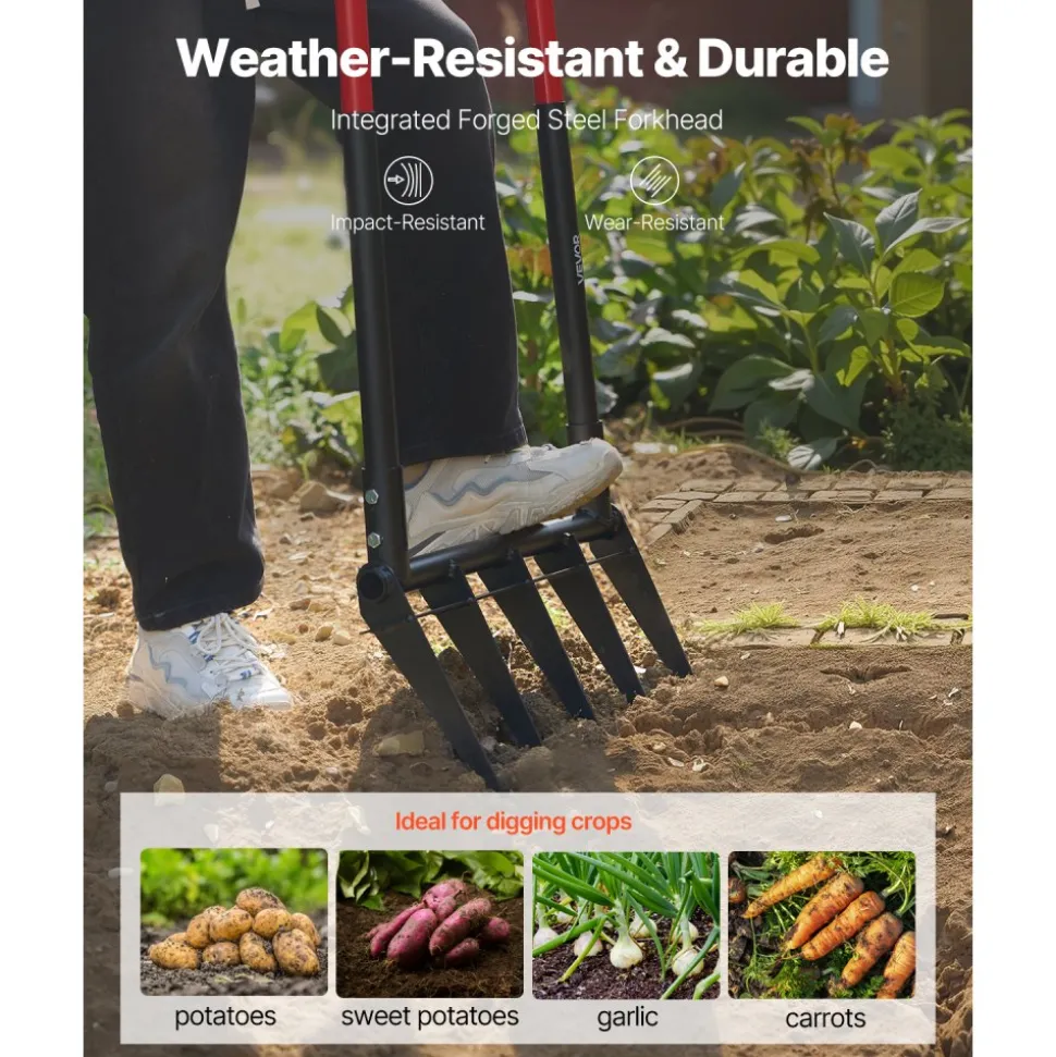 VEVOR Broad Fork, 5-Tine Pitchfork with Dual Fiberglass Handles, Heavy Duty Garden Fork , Ergonomic U-Shaped Design Broadfork Hand Tiller, Gardening Tool for Composting Transplanting Aeration