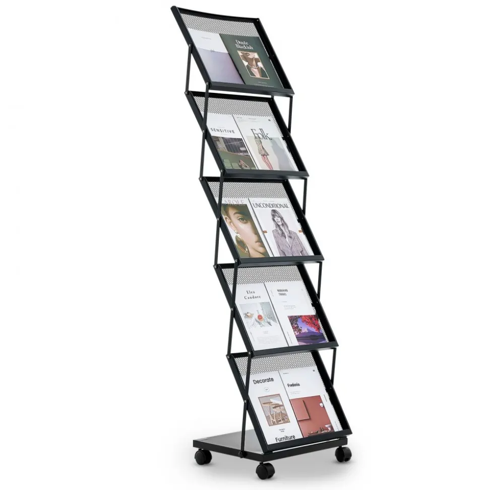 VEVOR Brochure Display Rack, Foldable 5 Pockets Magazine Literature Display Stand, Movable Floor Standing Magazine Rack with Wheels, Metal Newspaper Catalog Holders for Shop Exhibitions Office Show