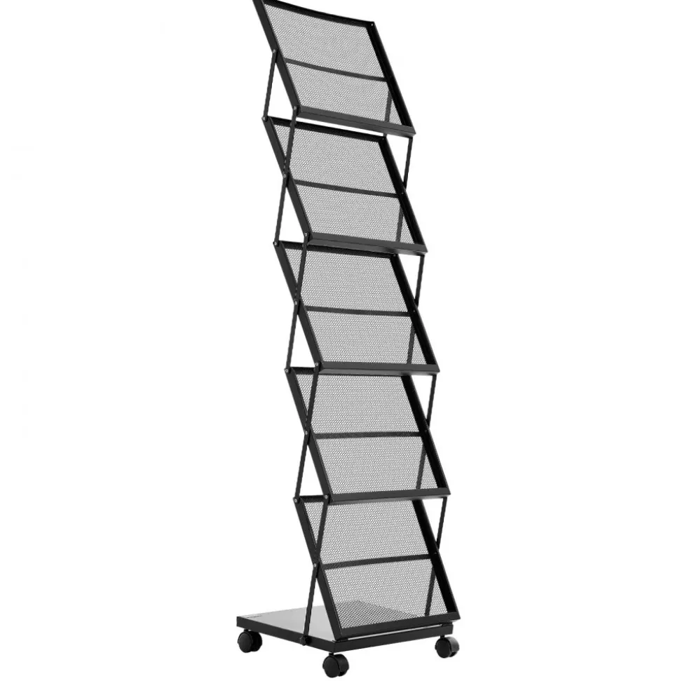 VEVOR Brochure Display Rack, Foldable 5 Pockets Magazine Literature Display Stand, Movable Floor Standing Magazine Rack with Wheels, Metal Newspaper Catalog Holders for Shop Exhibitions Office Show