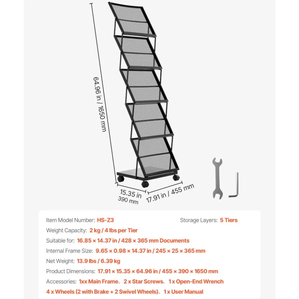 VEVOR Brochure Display Rack, Foldable 5 Pockets Magazine Literature Display Stand, Movable Floor Standing Magazine Rack with Wheels, Metal Newspaper Catalog Holders for Shop Exhibitions Office Show