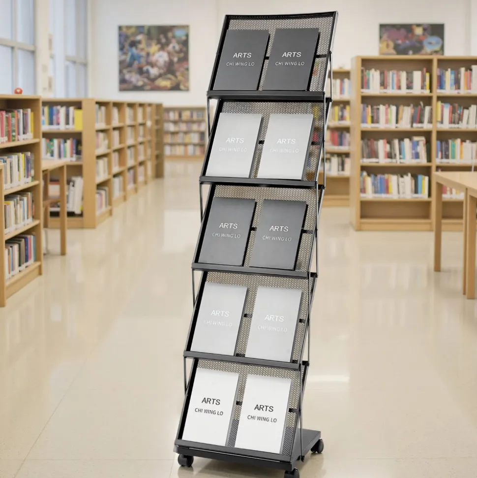 VEVOR Brochure Display Rack, Foldable 5 Pockets Magazine Literature Display Stand, Movable Floor Standing Magazine Rack with Wheels, Metal Newspaper Catalog Holders for Shop Exhibitions Office Show