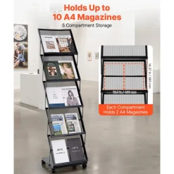 VEVOR Brochure Display Rack, Foldable 5 Pockets Magazine Literature Display Stand, Movable Floor Standing Magazine Rack with Wheels, Metal Newspaper Catalog Holders for Shop Exhibitions Office Show